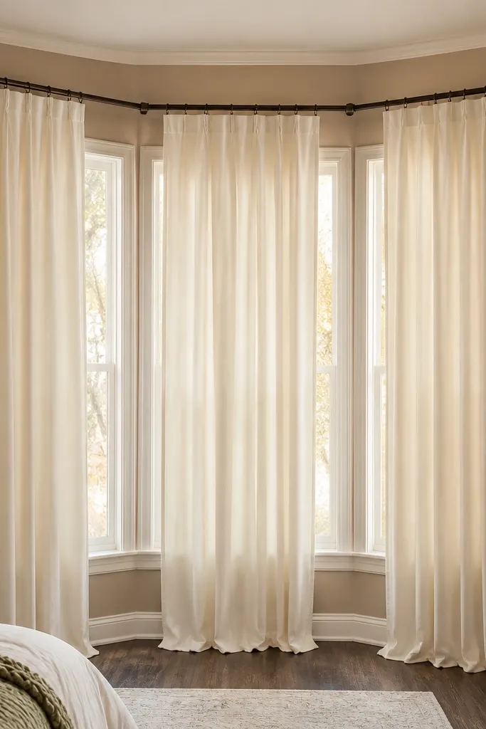 Bronze curtain rod with three drape panels in a bay window