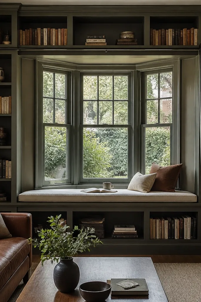 Built-in shelves wrapping a bay window with a ladder and wood back panel