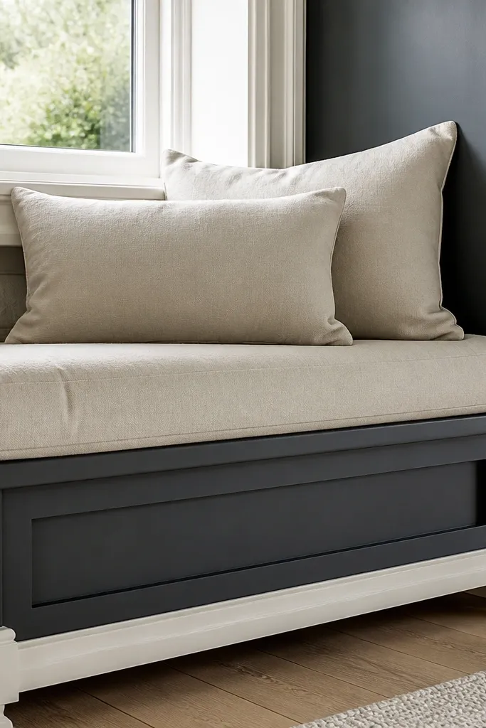 Two-tone painted bay window seat with linen slipcovered cushions