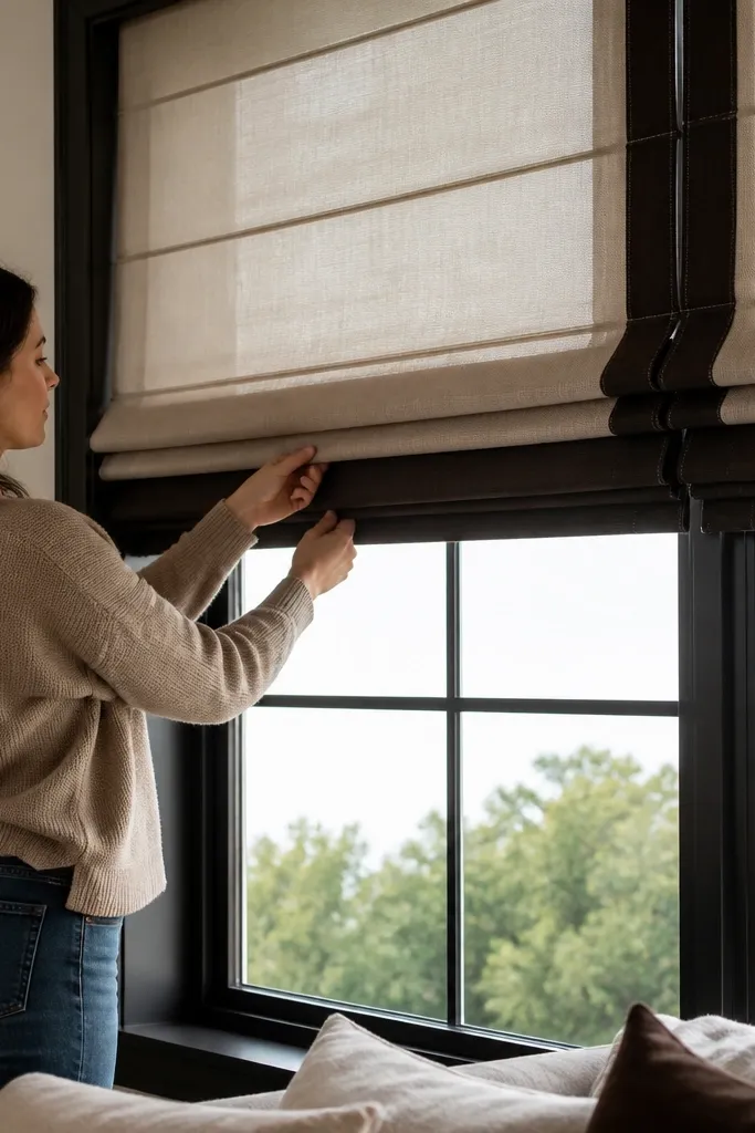 Layered roman shades with sheer outer layer and blackout inside