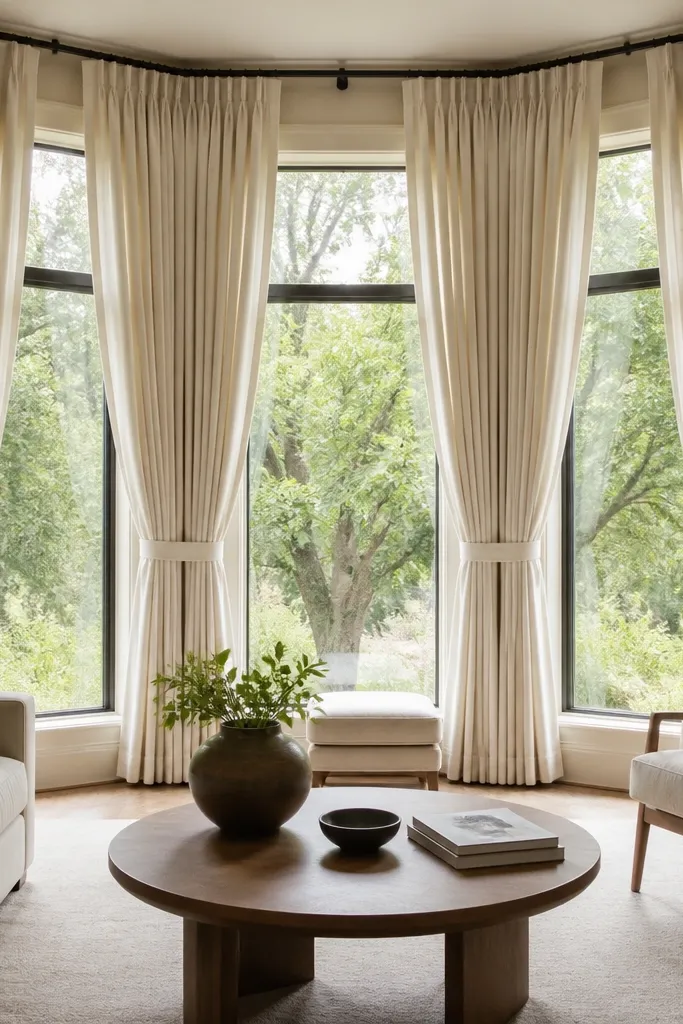 Floor-to-ceiling curtain panels with neat magnetic tiebacks at a bay window