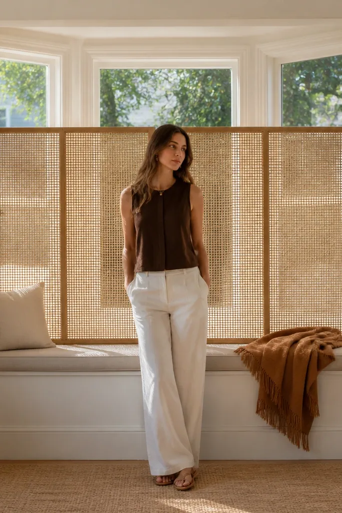 Woven cane screen panel in front of a bay window with neutral cushions