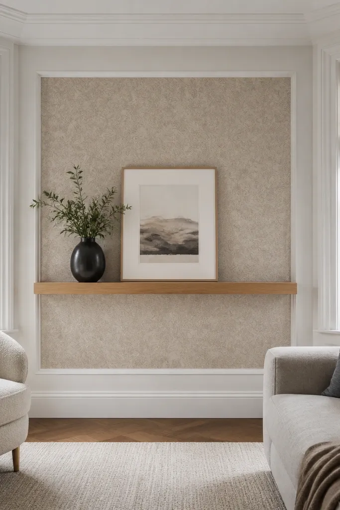 Wood picture ledge inside the bay with wallpaper behind and styled decor