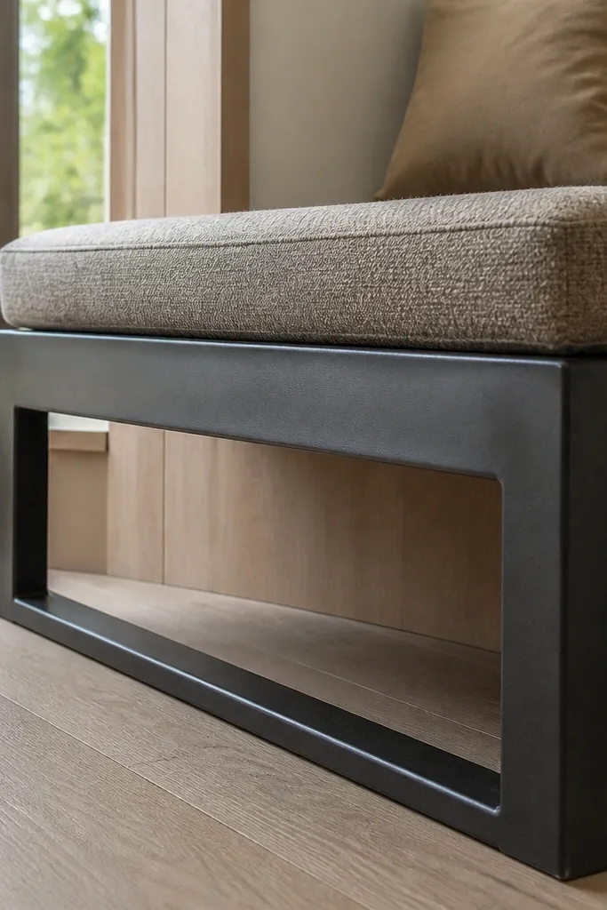 Black metal window seat base with a neutral cushion on top