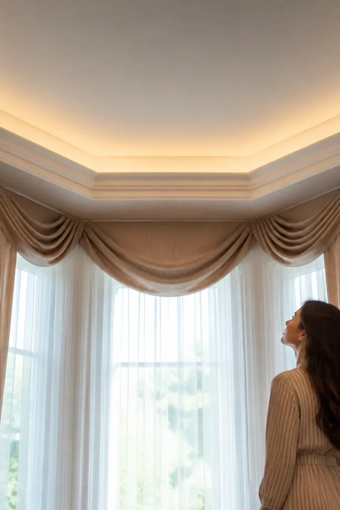 Painted ceiling valance with small recessed lights glowing softly above bay window