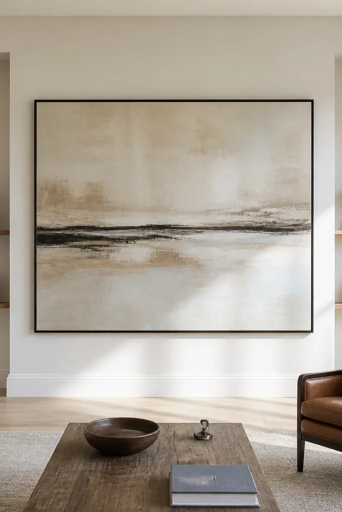 Framed art panel centered over bay with small shelves on the sides
