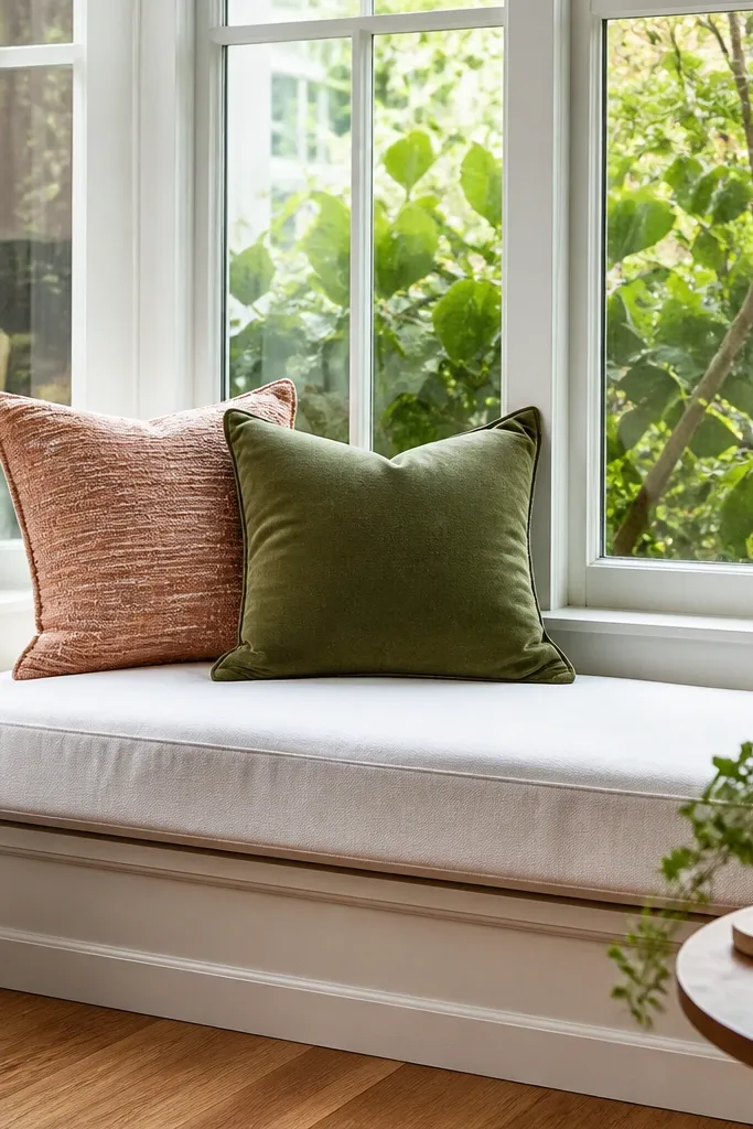 Neutral cushion seat with removable cover and two-tone pillows on a bay window