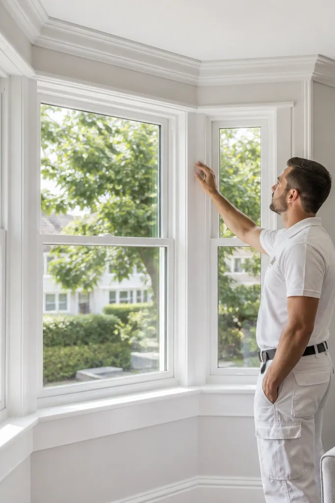 Freshly painted trim around a bay window with clean white lines