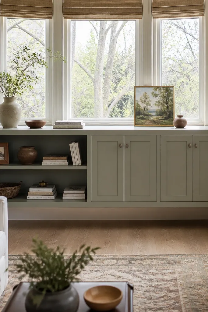 Floating cabinet under bay window with open shelves and closed lower doors