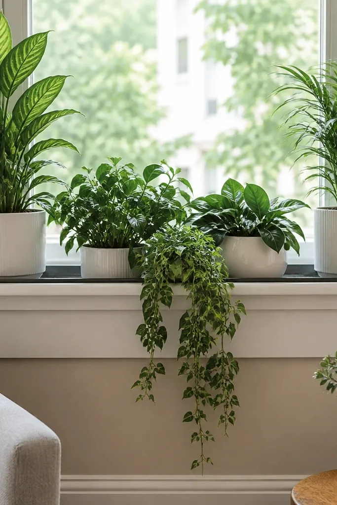 Plant ledge in bay with matching planters and drainage trays