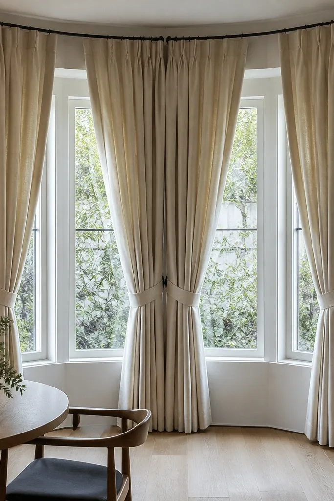 Textured linen curtains tied back with corner rings at a bay window