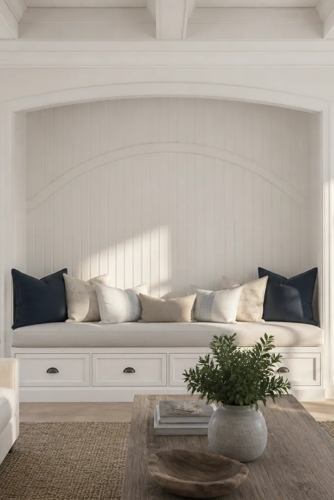 Beadboard panels around a bay window with painted arched trim accents