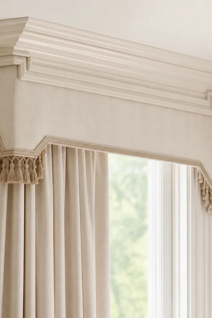 Layered trim valance above a bay window with subtle tassel fringe