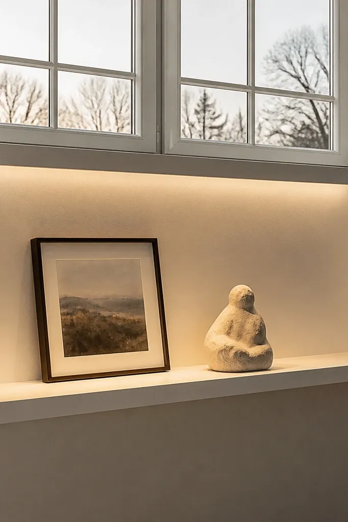 Small LED light strips under a bay ledge illuminating decor