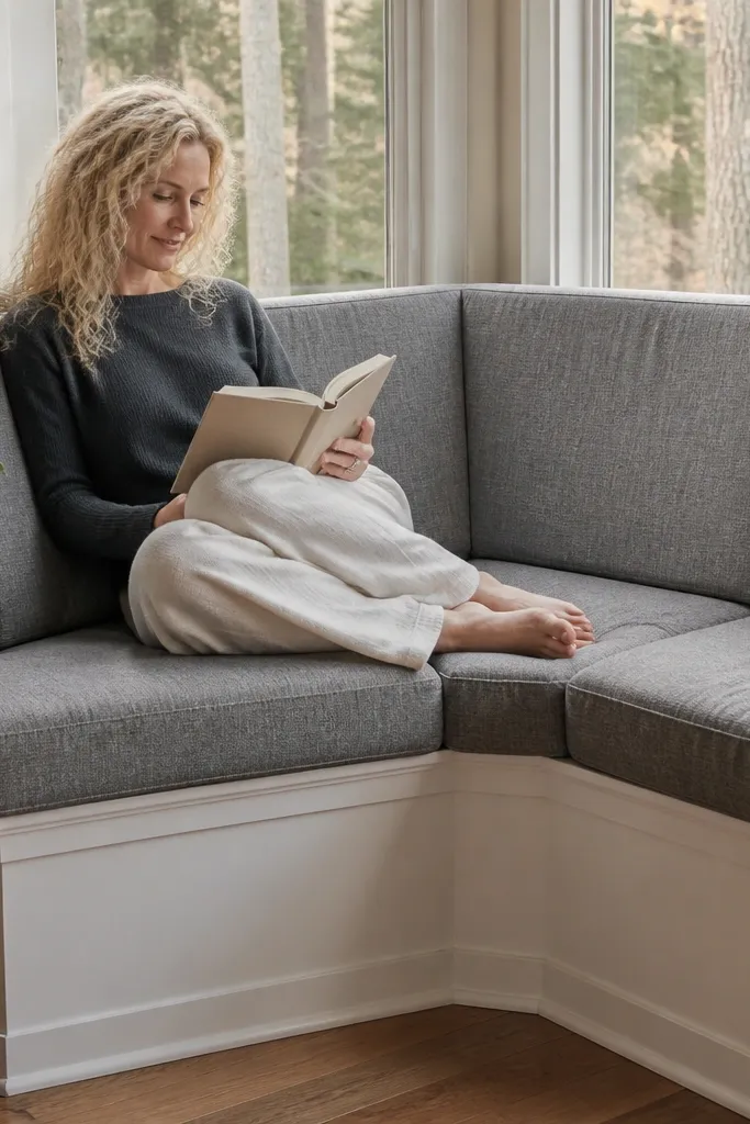 Corner banquette with angled back cushions in a bay window nook