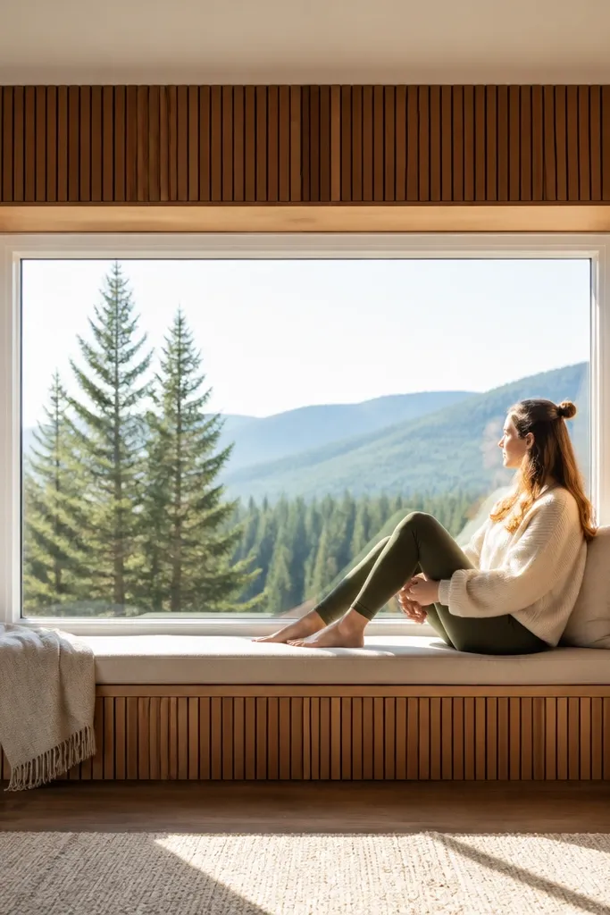 Warm wood slat panel behind bay window with clean horizontal lines