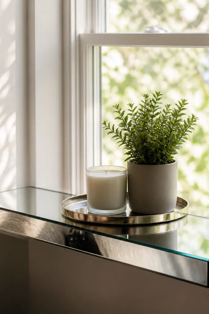 Small mirror shelf in bay with tray, candle, and neutral decor