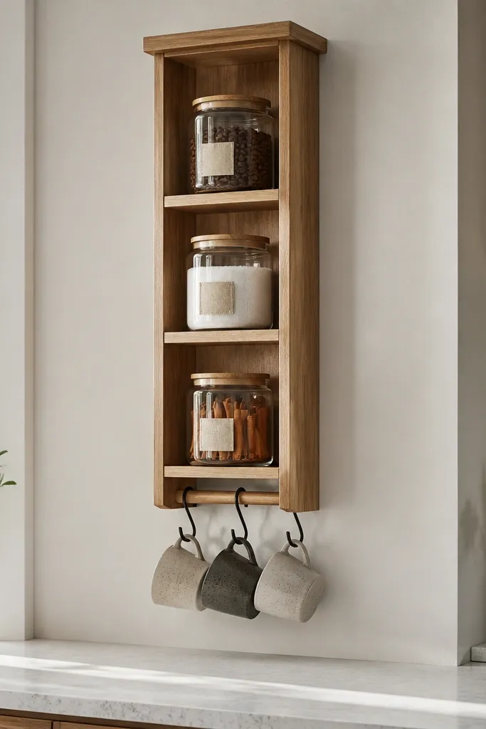 Light wood shelf with clear jars and a row of mugs hanging below