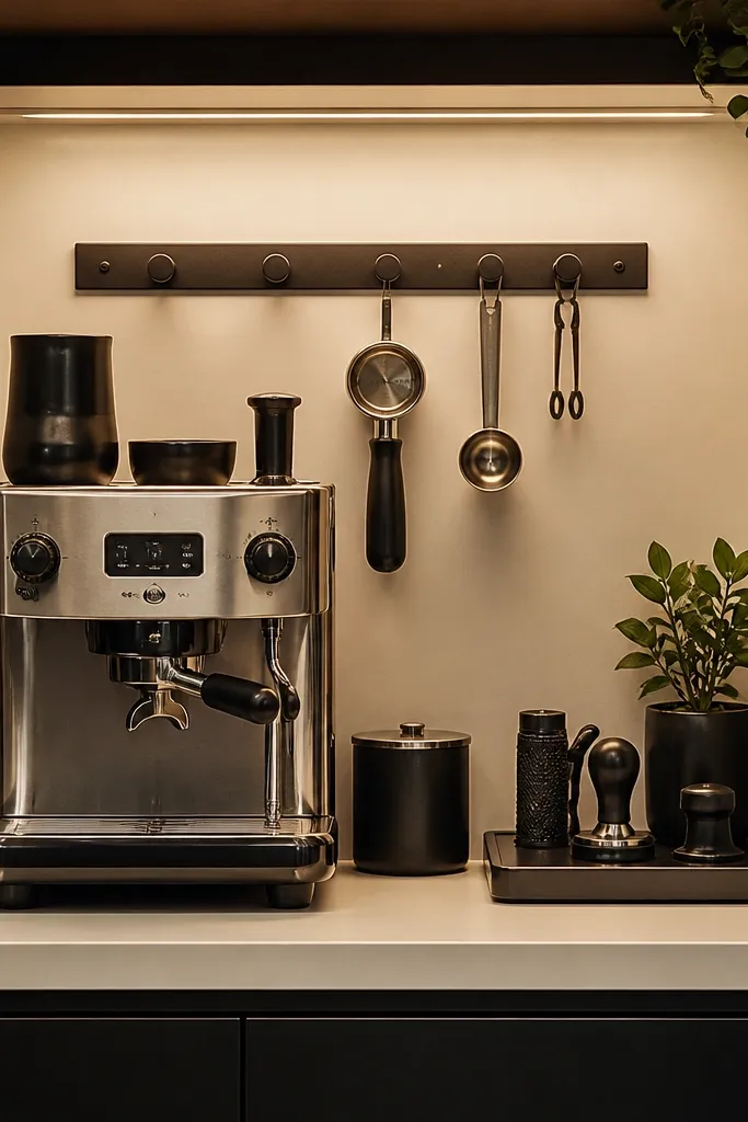 Wood coffee bar with a backboard, peg rail, and neatly hung tools