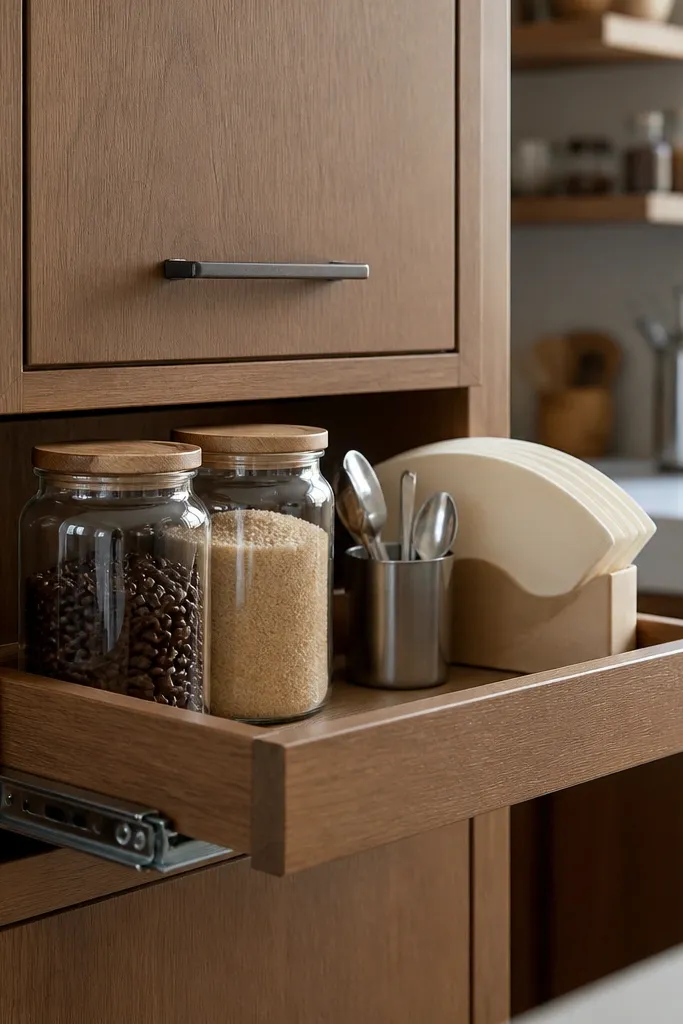 Closed cabinet door with a pull-out tray holding coffee jars and mugs