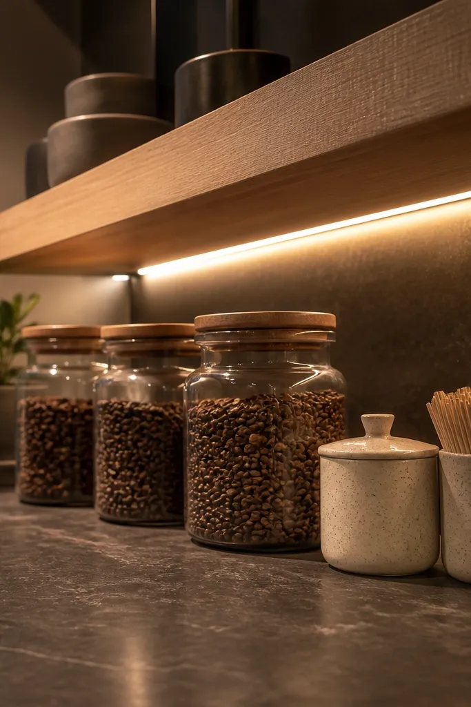 Floating shelf over counter with warm LED strip lighting and coffee jars