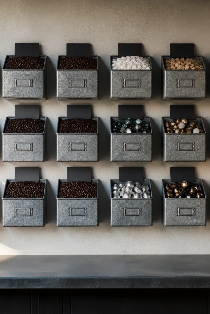 Galvanized bins on a wall with chalk labels and a small scoop cup