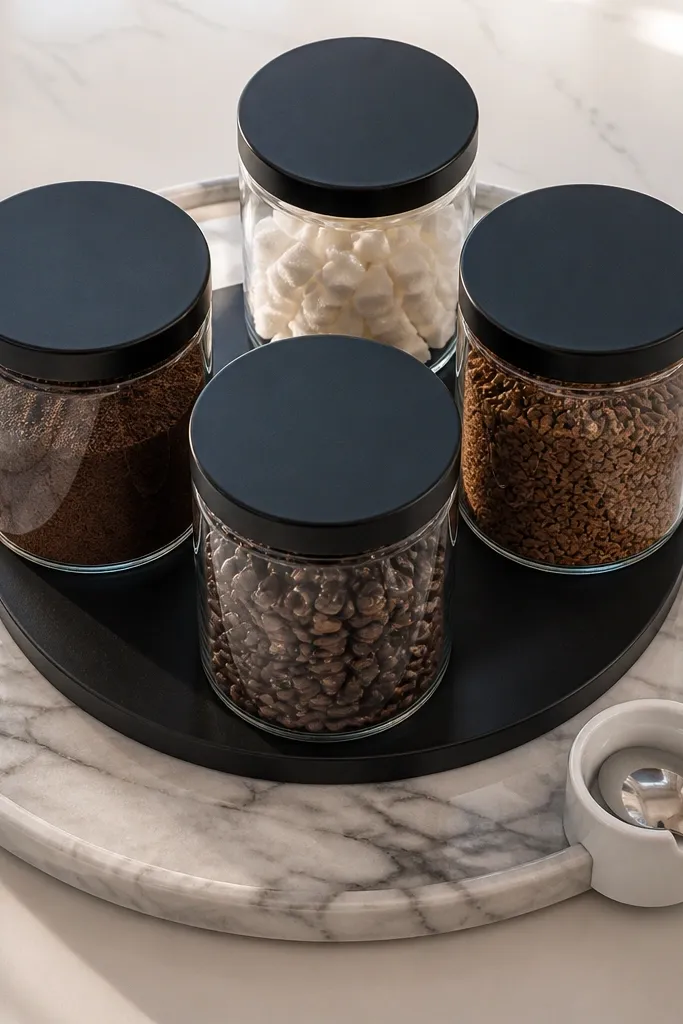 Large white tray with marble-look finish holding matching canisters and a small scale