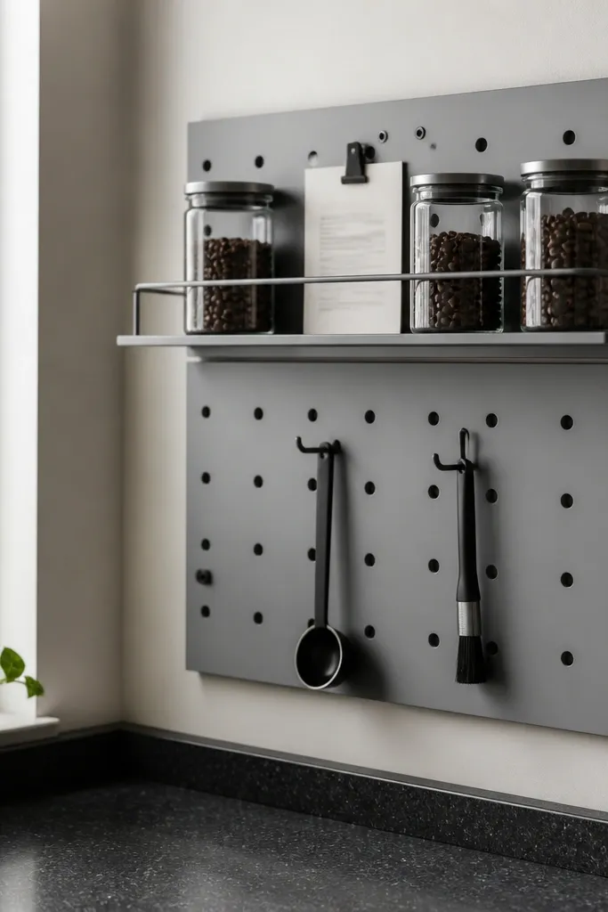 White pegboard with two shelves, hooks for mugs, and labeled jars on shelves