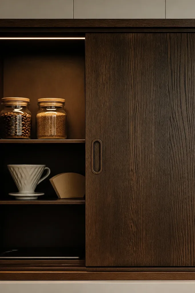 Wood open box coffee station with a sliding door and visible jars inside