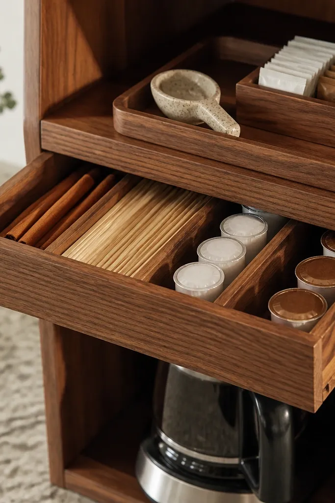 Stained wood shelf with small drawers for sugar, pods, and stir sticks