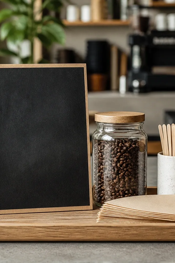 Small blackboard menu sign beside a wood tray holding coffee jars and cups