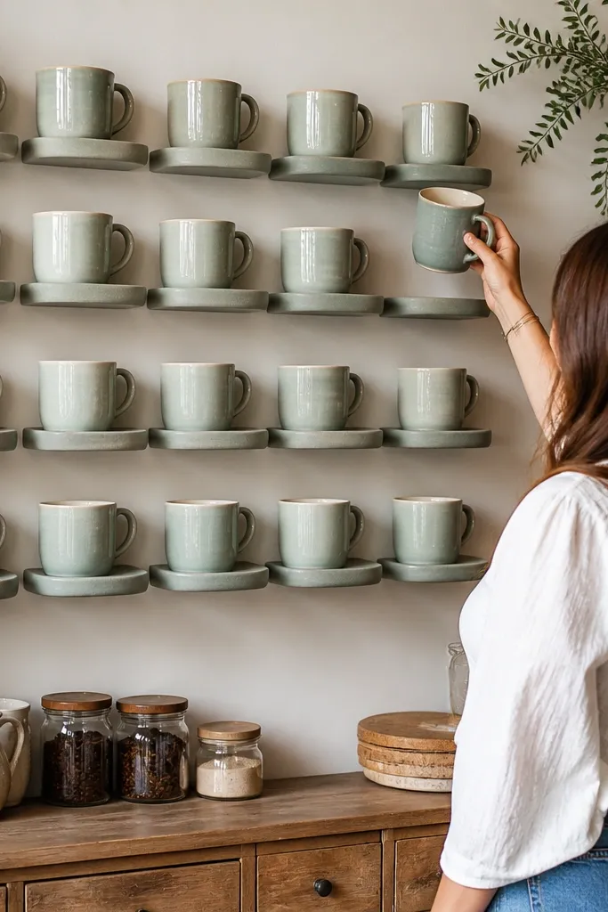 Ceramic mug wall with shallow shelves and plate lip keeping mugs from sliding