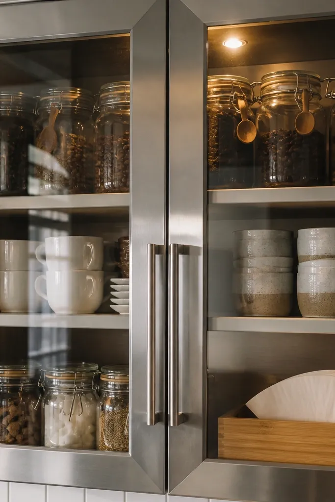 Glass-door pantry section with coffee jars arranged in rows and cups on a shelf