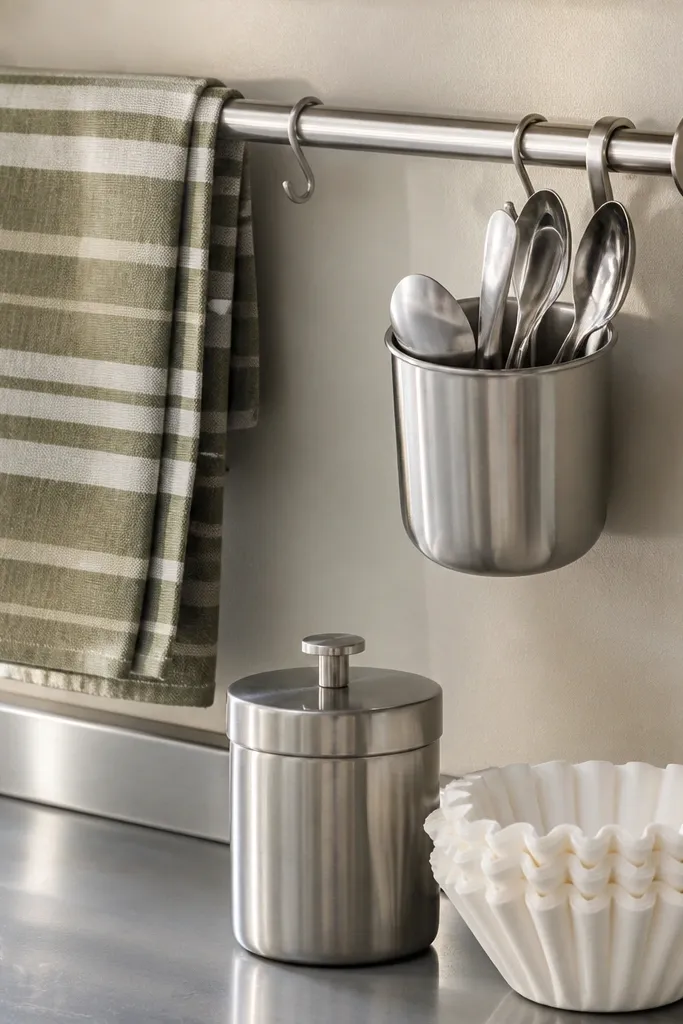 Stainless rail above counter with towel and spoon cup, plus small canisters