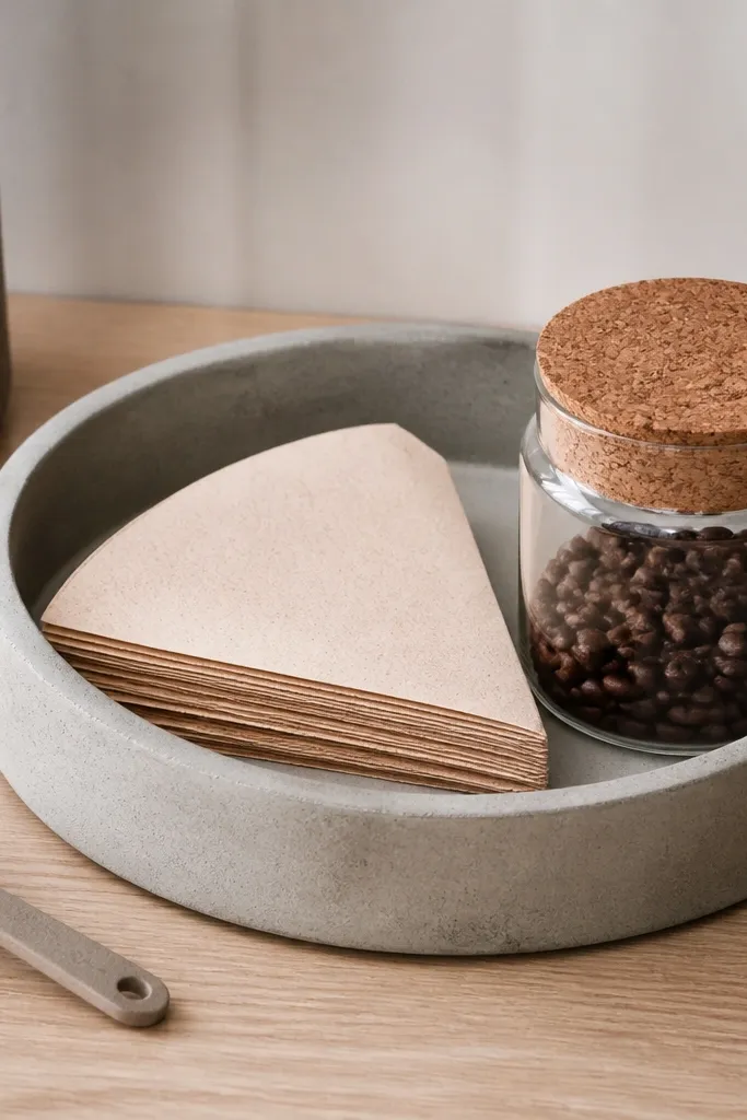 Concrete-style tray holding coffee dripper, paper filters, and matching canisters