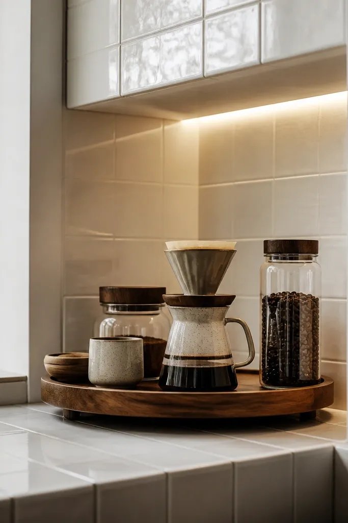 L-shaped corner niche with turntable holding jars and a small brewing setup