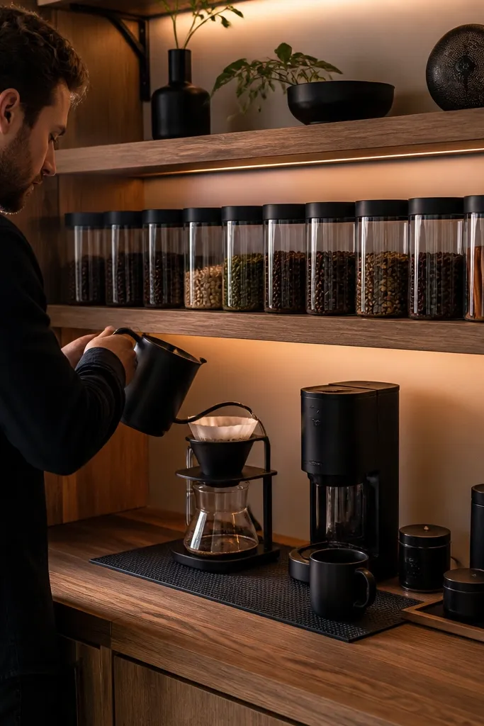 Canister rail on a pantry wall with matching jars and a brewing mat on the floor