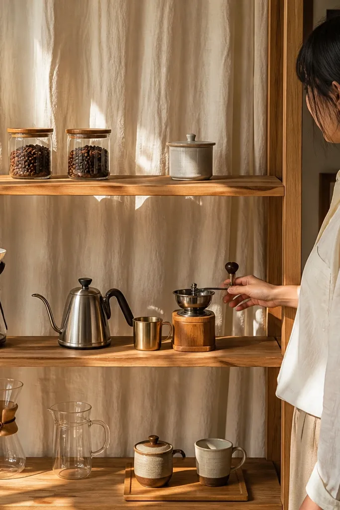 Open coffee shelf with a small curtain behind jars for a soft cafe vibe