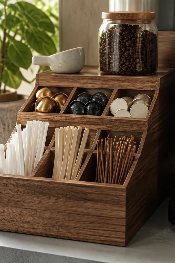 Step-style wooden organizer with coffee pods and stir sticks labeled
