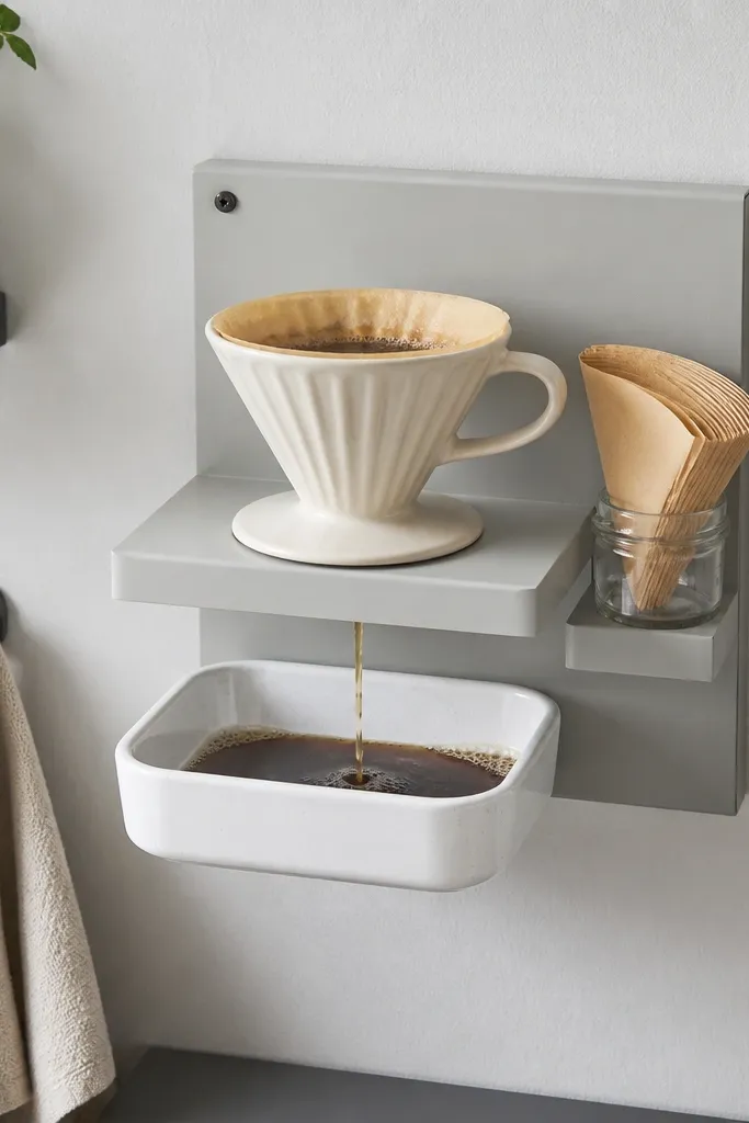 Wall-mounted brewing shelf with dripper and a visible drip catch tray below