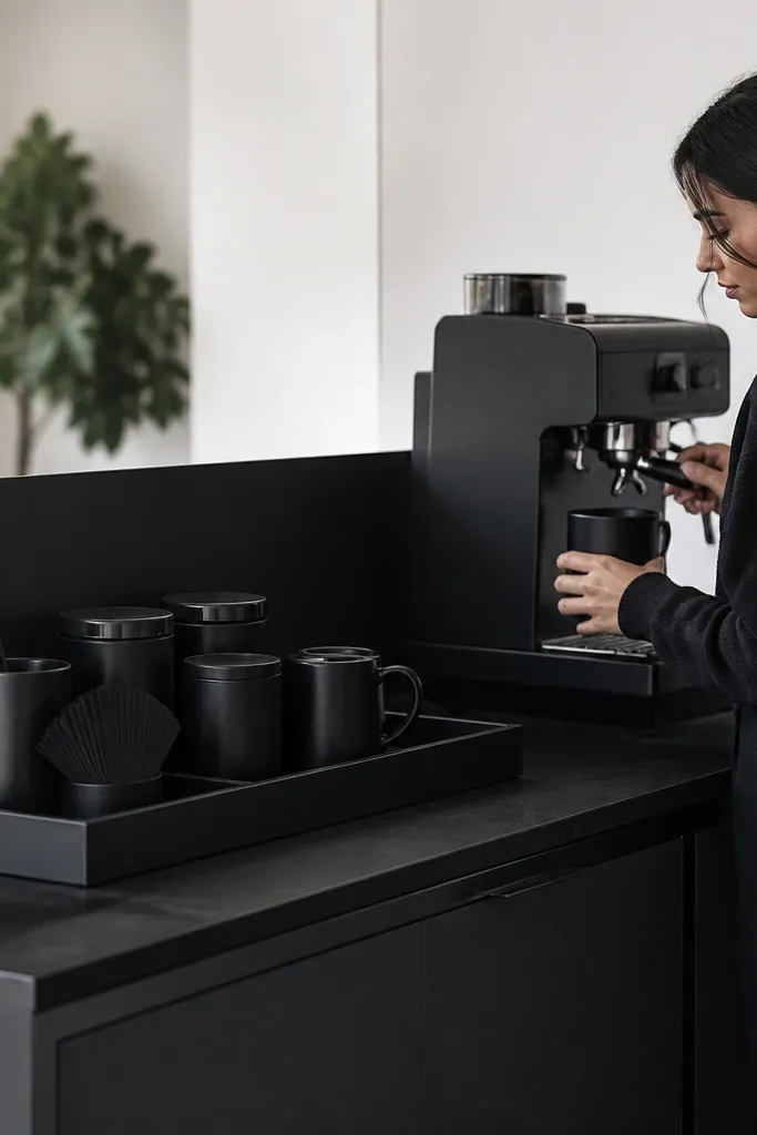 Monochrome coffee station with a color-block divider and matching jars