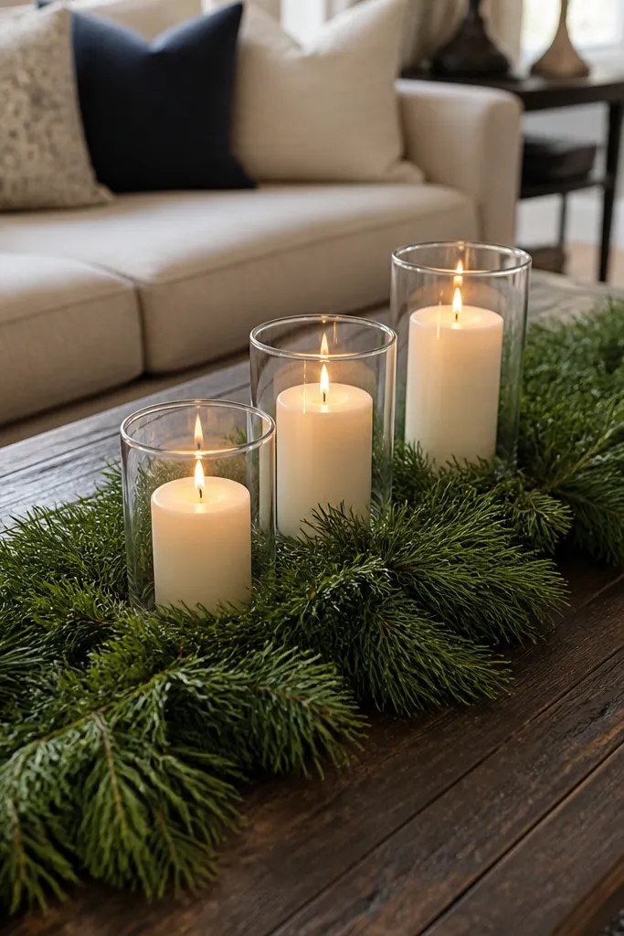Green pine runner with three glass candles and a thin red ribbon