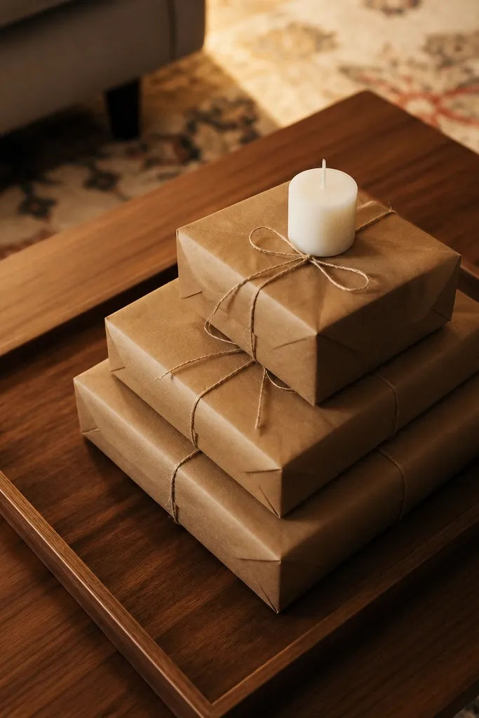 Brown kraft paper gift stack on a wooden tray with a red bow