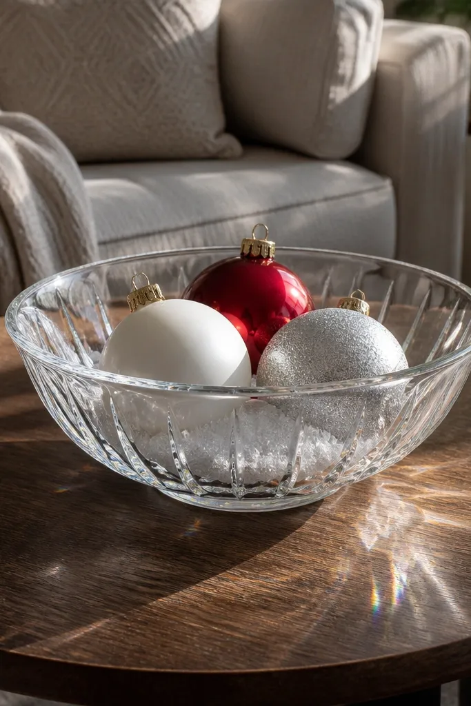 Clear glass bowl with three large ornaments and evergreen sprigs