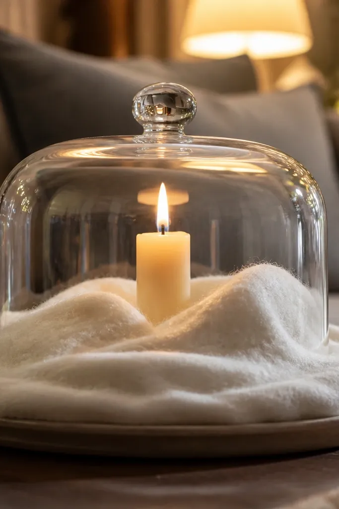 White felt snowdrift under a glass cloche with one candle