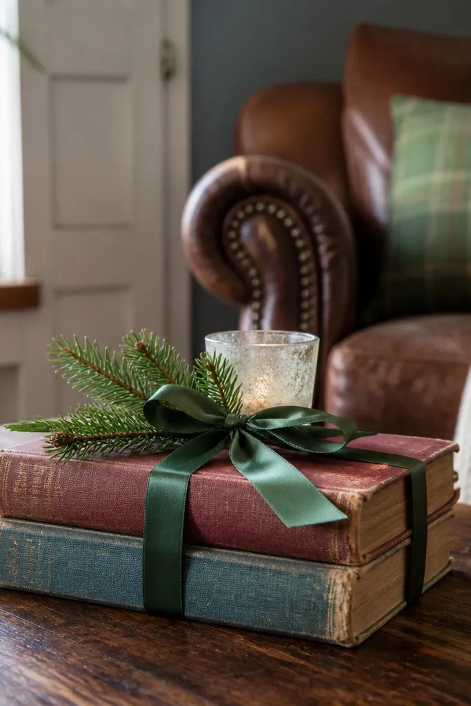 Stack of old books tied with red ribbon on a tray