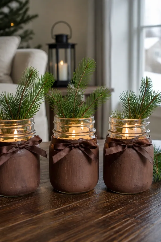 Reused jars painted brown with ribbon and faux pine inside