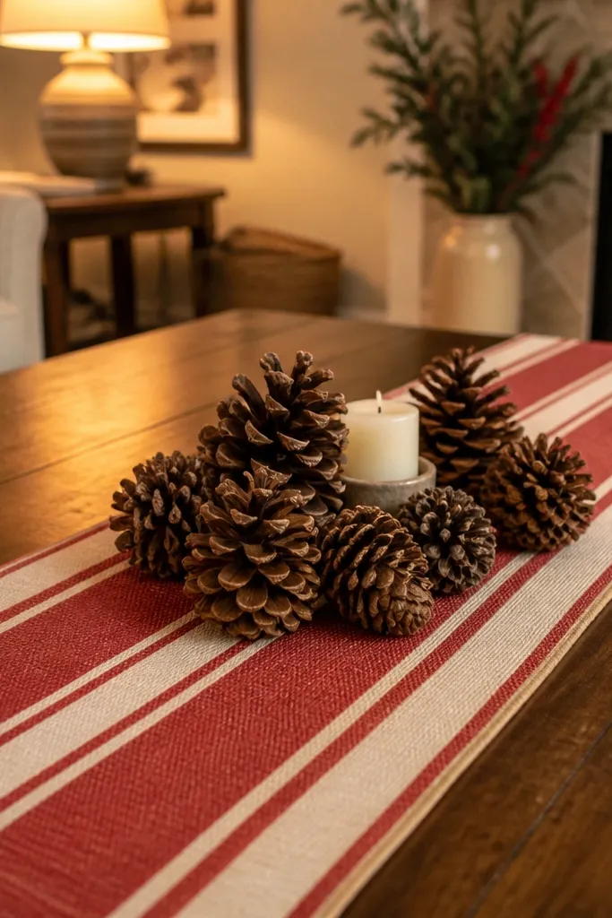 Red and cream striped fabric runner with pine cones and one candle