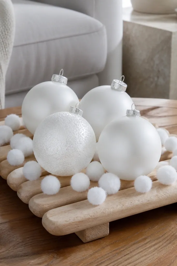 White ornament cluster on a small wooden trivet with faux snow