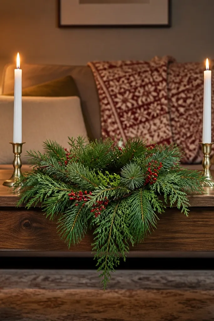 Small wreath swag hanging over the front edge of a coffee table with candles